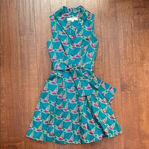 Lesley Evers Retro Teal Hummingbird Novelty Print Sleeveless Dress, Size XS